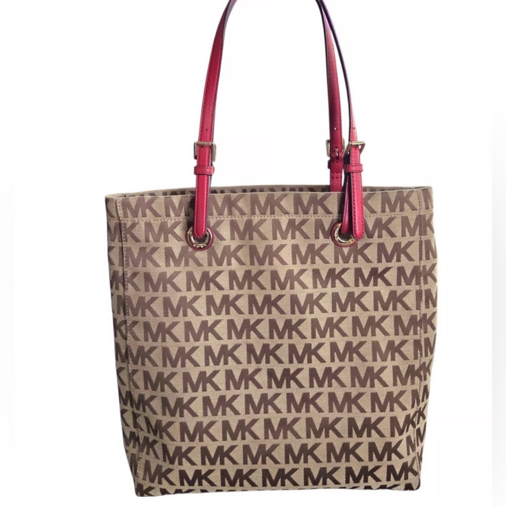 Michael Kors Tan and Red Jet Set Travel Tote Bag